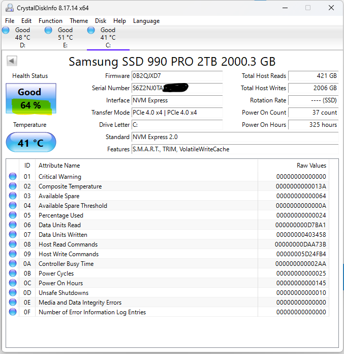Screenshot of Twitter user Neil Schofield's Samsung 990 PRO health